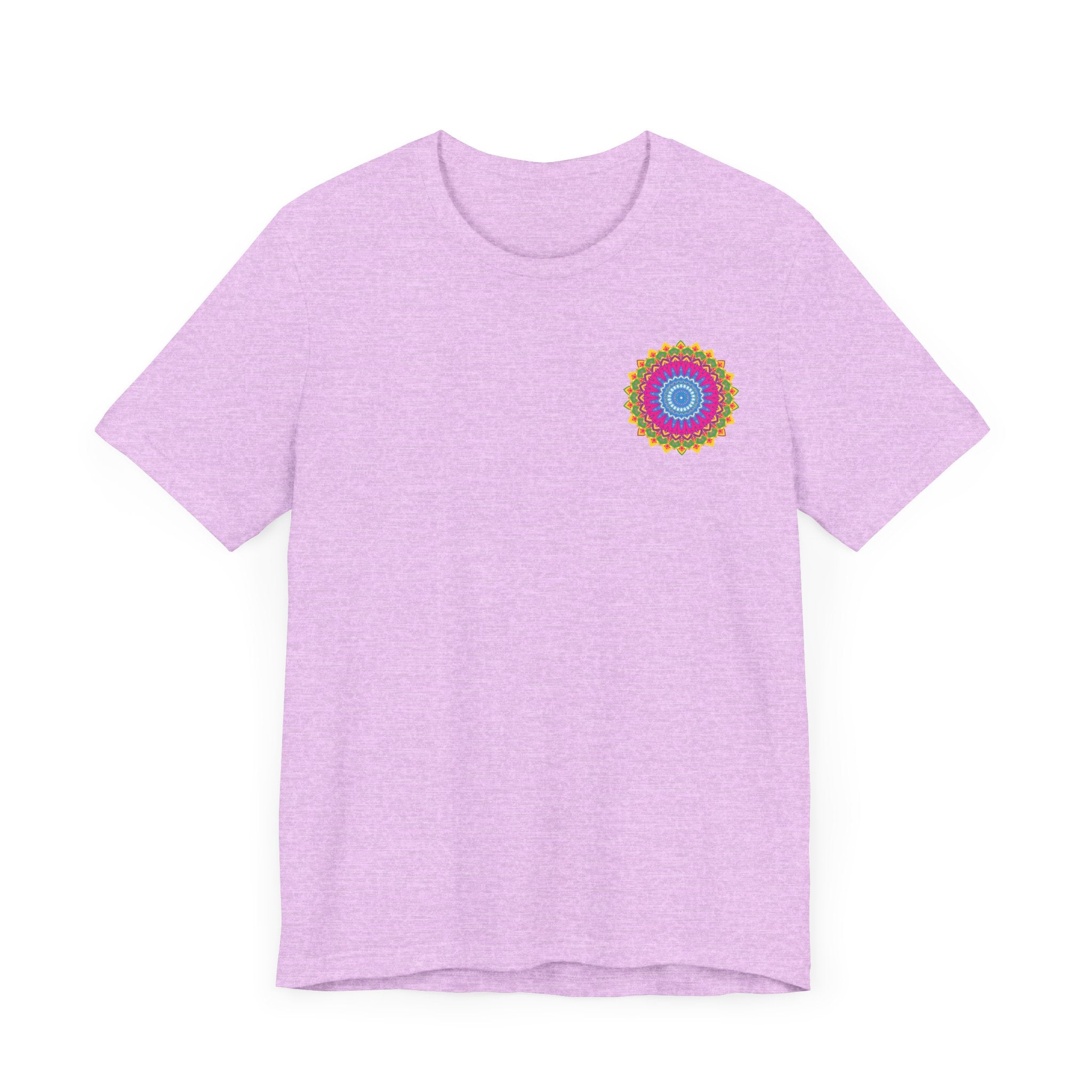 Vibrant mandala t-shirt in bright colors with spiritual peace symbols