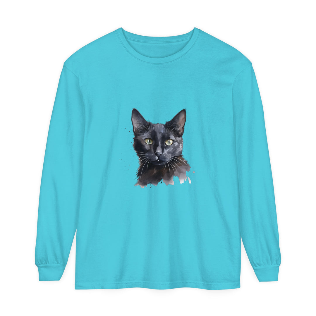 Beautiful black cat watercolor design on a mystical long sleeve t-shirt