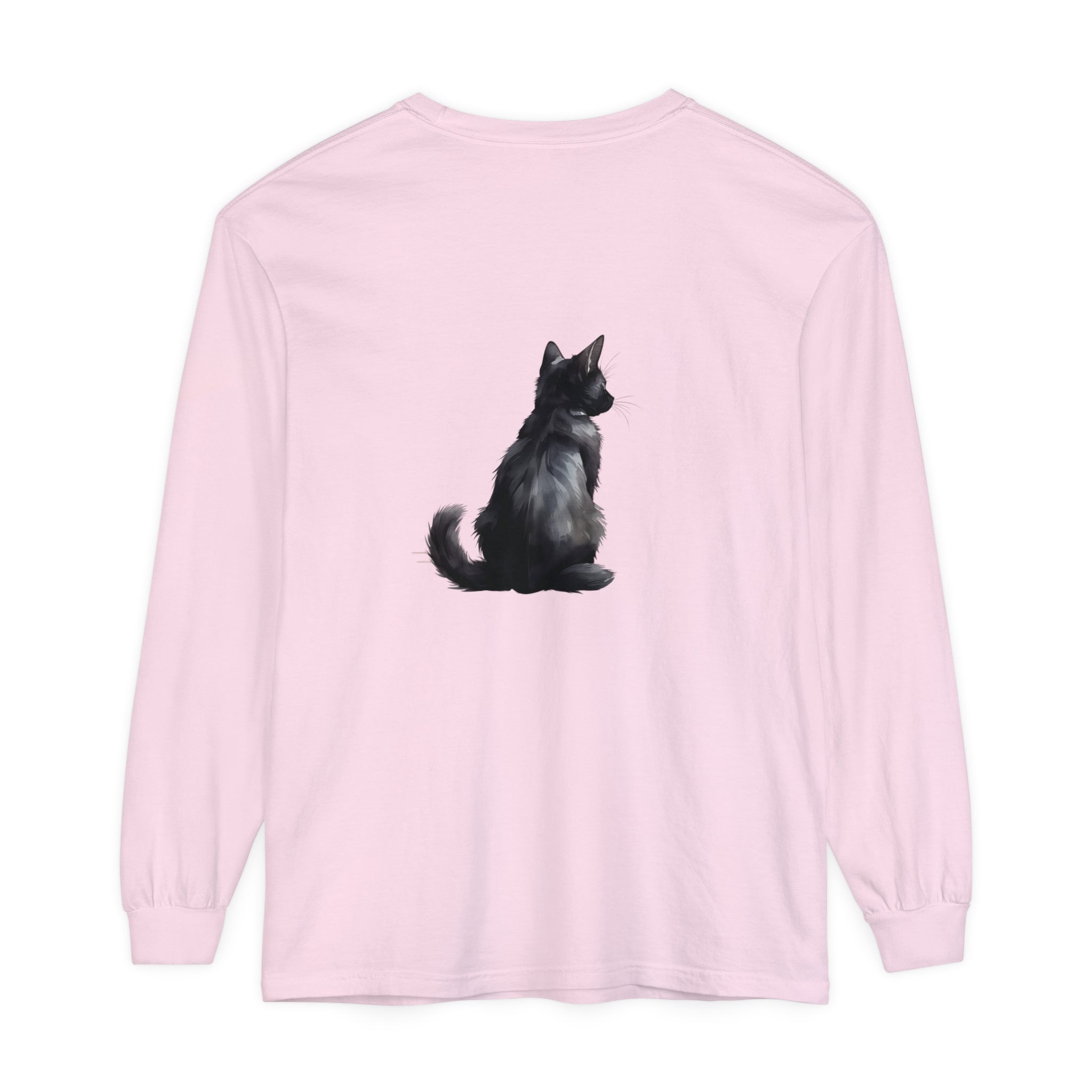 Black Cat Mystery unisex long sleeve tee with stylish, black cat design