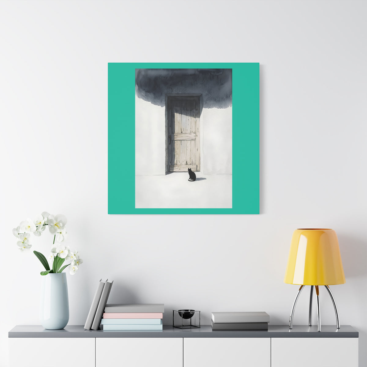 Cat at the Door Matte Canvas Wall Art — Moody Minimalist Cat Illustration