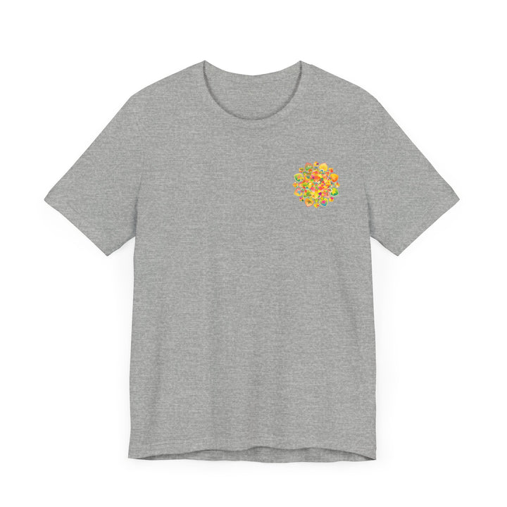 A colorful and intricate mandala design on a tee representing spiritual peace and harmony