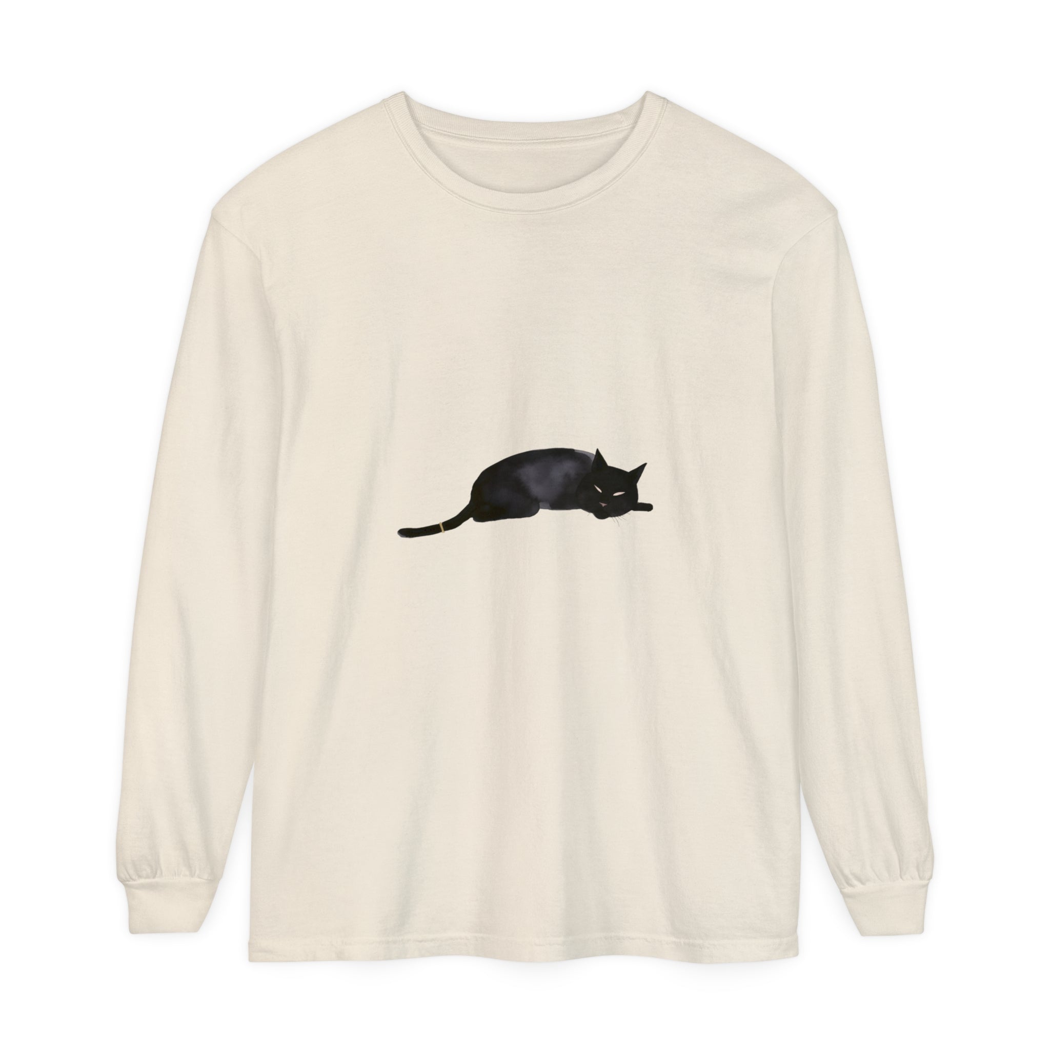 A cozy, comfortable unisex long sleeve t-shirt featuring a sleeping black cat design