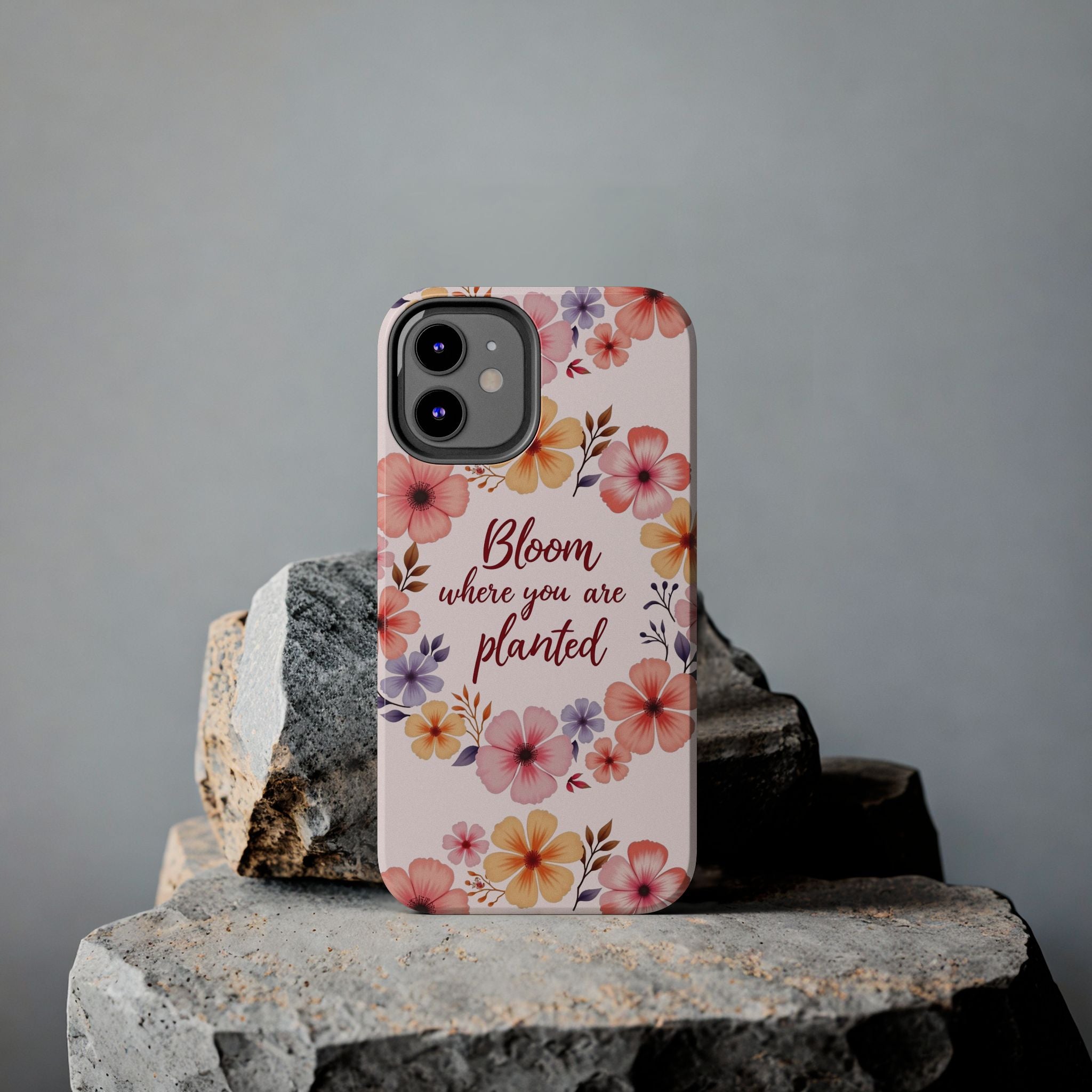 Phone case featuring a light pink flower garland bloom design, perfect for expressing the sentiment of 'bloom where you are planted'