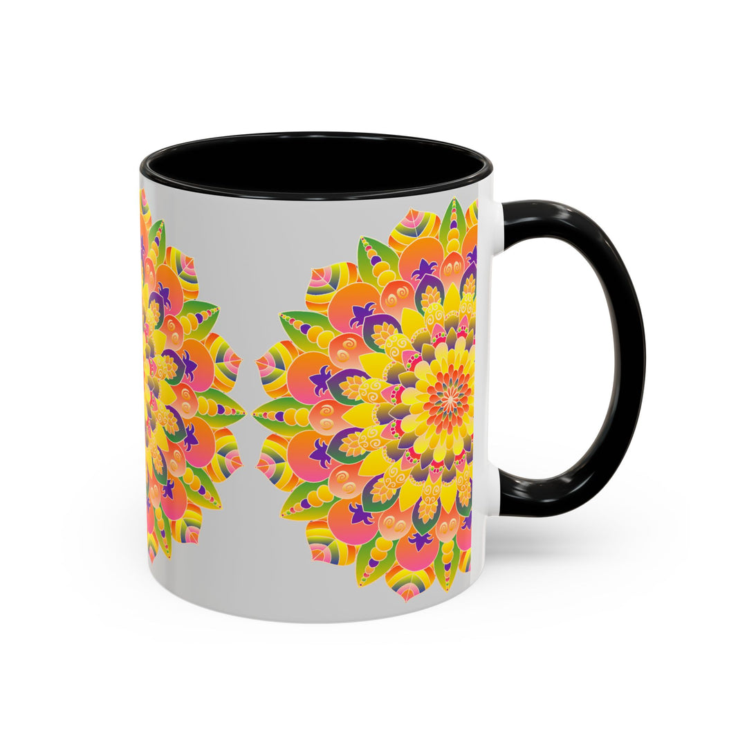 Close up of colorful mandala mug with bohemian art pattern and vibrant colors