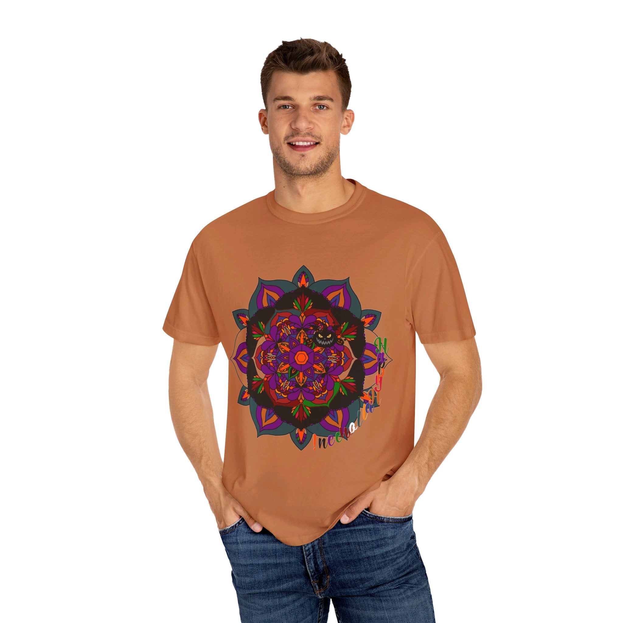 Handmade Mandala Design Halloween T-shirt - Unisex, featuring intricate hand-drawn mandala art in spooky Halloween colors