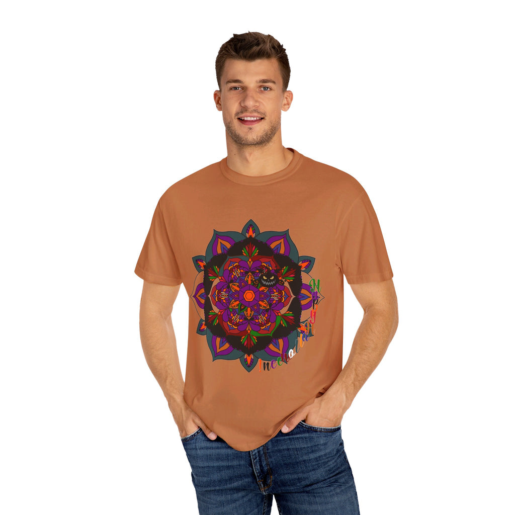 Handmade Mandala Design Halloween T-shirt - Unisex, featuring intricate hand-drawn mandala art in spooky Halloween colors