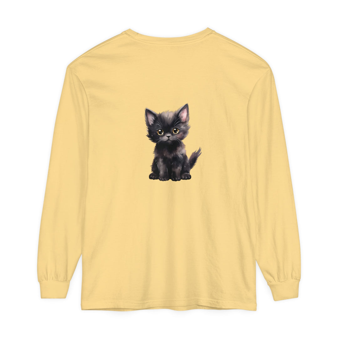 Adorable black kitten with striking yellow eyes printed on a comfortable long sleeve t-shirt