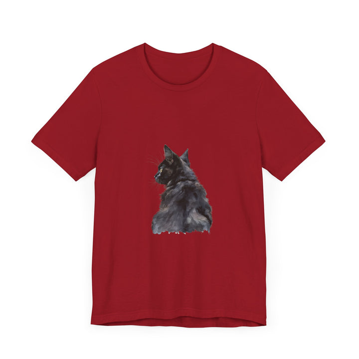 A stunning watercolor illustration of a mysterious black cat adorning a t-shirt