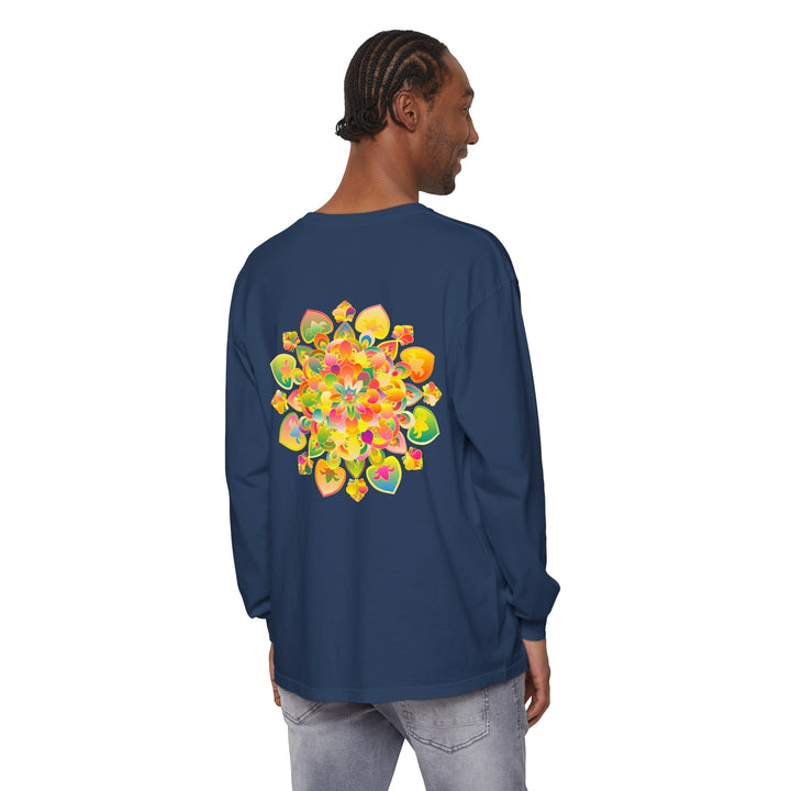 A vibrant and colorful long sleeve t-shirt featuring a psychedelic mandala design