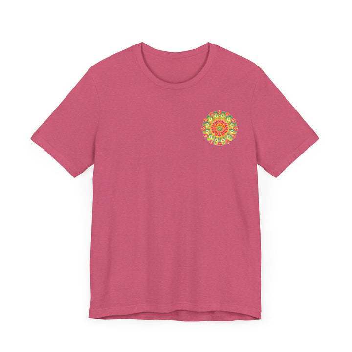 A vibrant and colorful mandala t-shirt, symbolizing spiritual peace and harmony