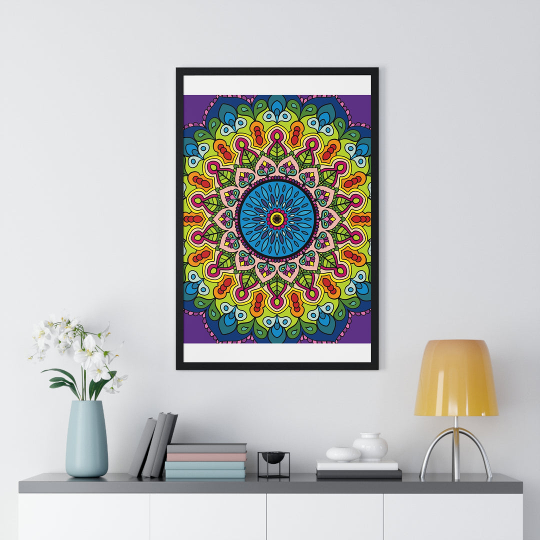 Detailed hand-drawn mandala art with intricate patterns, framed in a vertical poster, perfect for promoting mindfulness and yoga practices