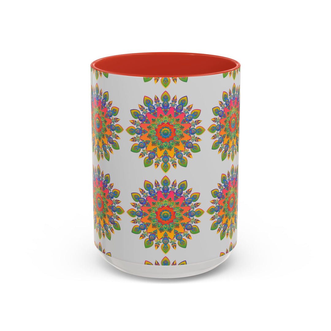 Colorful mandala mug featuring intricate and vibrant art on grey background