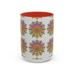 Colorful mandala mug featuring intricate and vibrant art on grey background