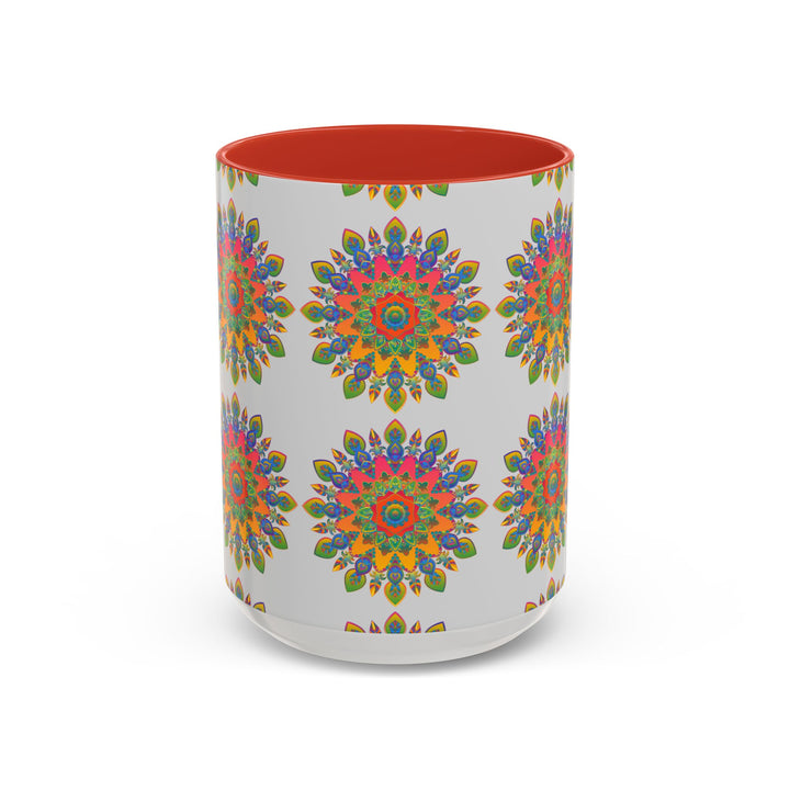 Colorful mandala mug featuring intricate and vibrant art on grey background