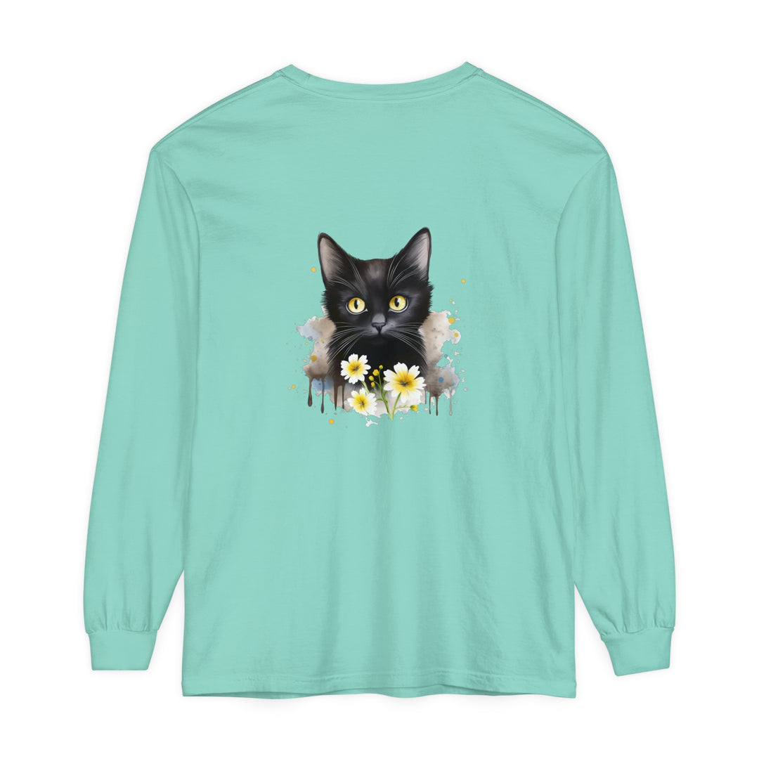 Black Cat Watercolor Floral Unisex T-Shirt with vibrant watercolor floral design on black background