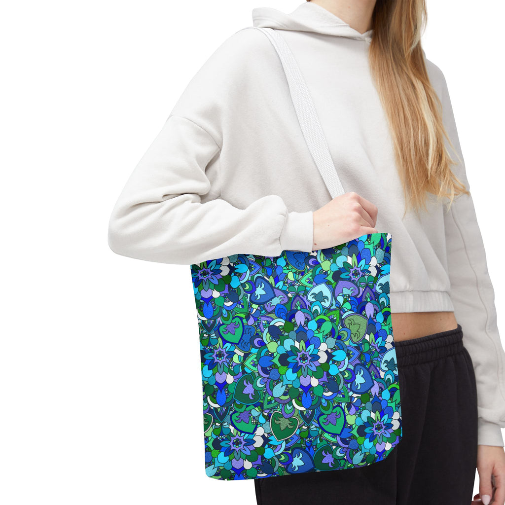Borsa tote con stampa mandala floreale blu-verde — Shopper con stampa integrale vivace