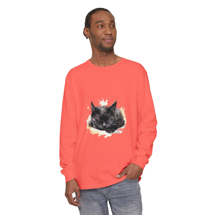 Langarm-T-Shirt mit Aquarellmotiv „Schlafende Katze“