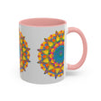 Colorful floral mandala art mug with intricate design and vibrant colors