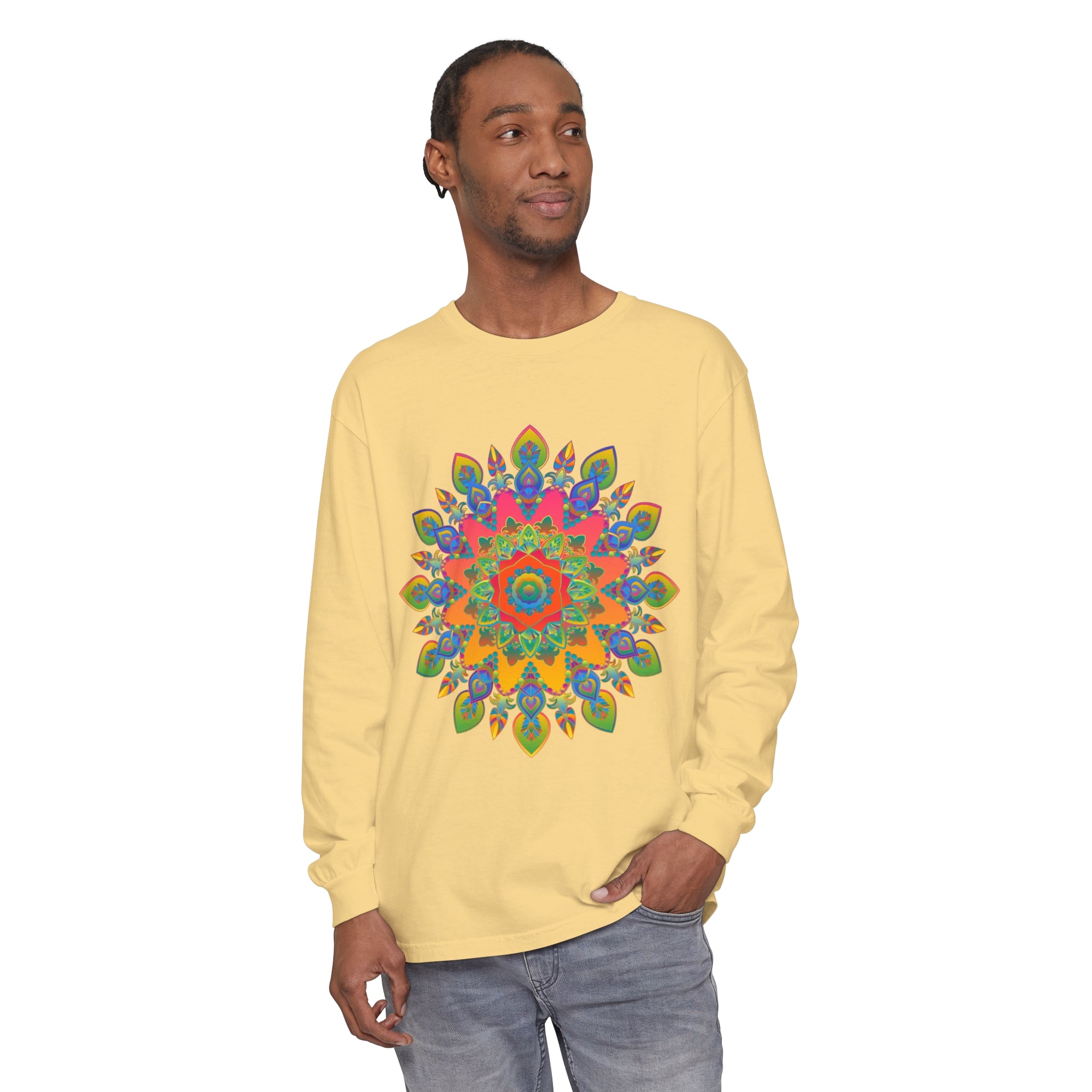 Vibrant and colorful mandala design unisex long sleeve t-shirt for men and women