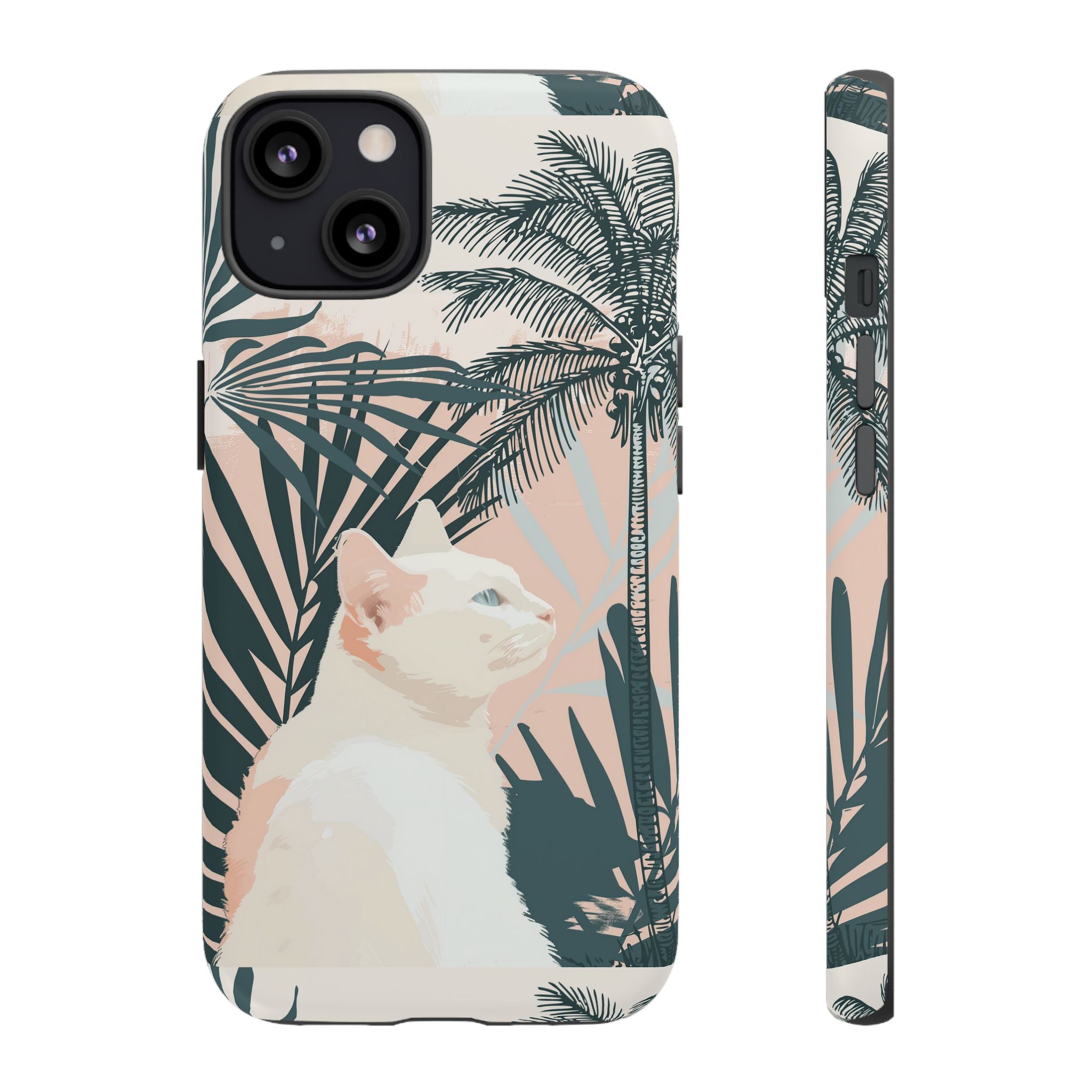 Custodia per telefono con gatto tropicale, motivi di palme lussureggianti e tenui colori pastello
