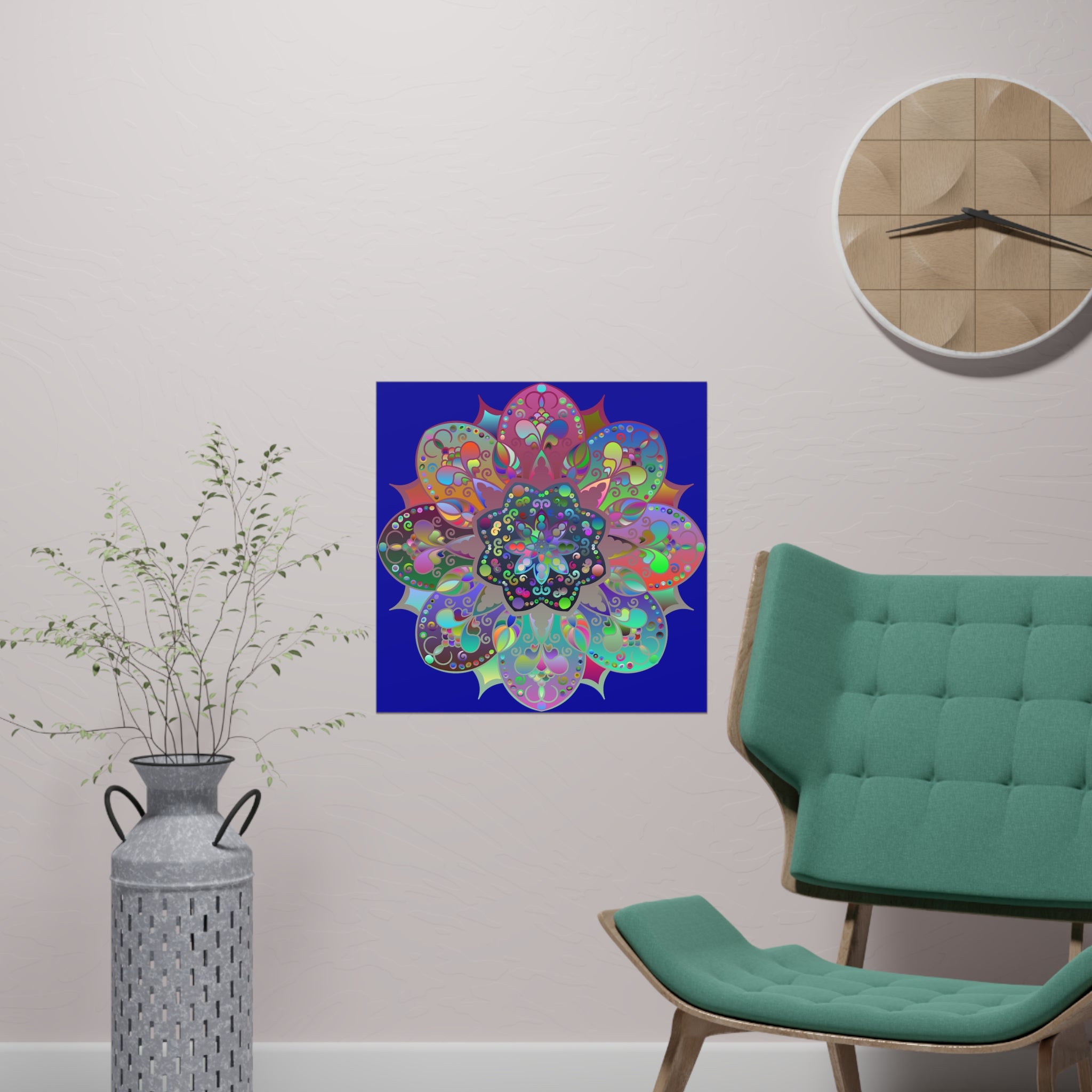 Dark blue square matte paper poster with a stunning hand-drawn mandala art, adds a pop of color