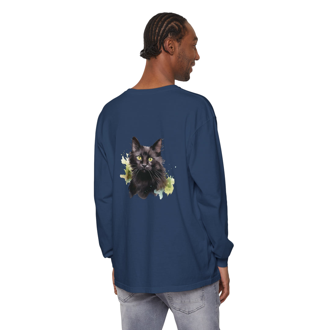 Black Cat Watercolor Splash Long Sleeve T-Shirt with vibrant and artistic cat design