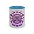 Beautiful mandala mug with an intricate purple and pink floral design