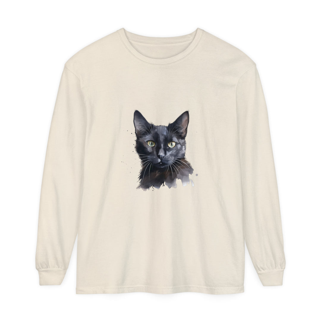 A watercolor illustration of a mystical black cat on a long sleeve t-shirt