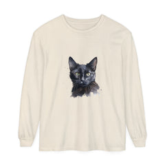 A watercolor illustration of a mystical black cat on a long sleeve t-shirt
