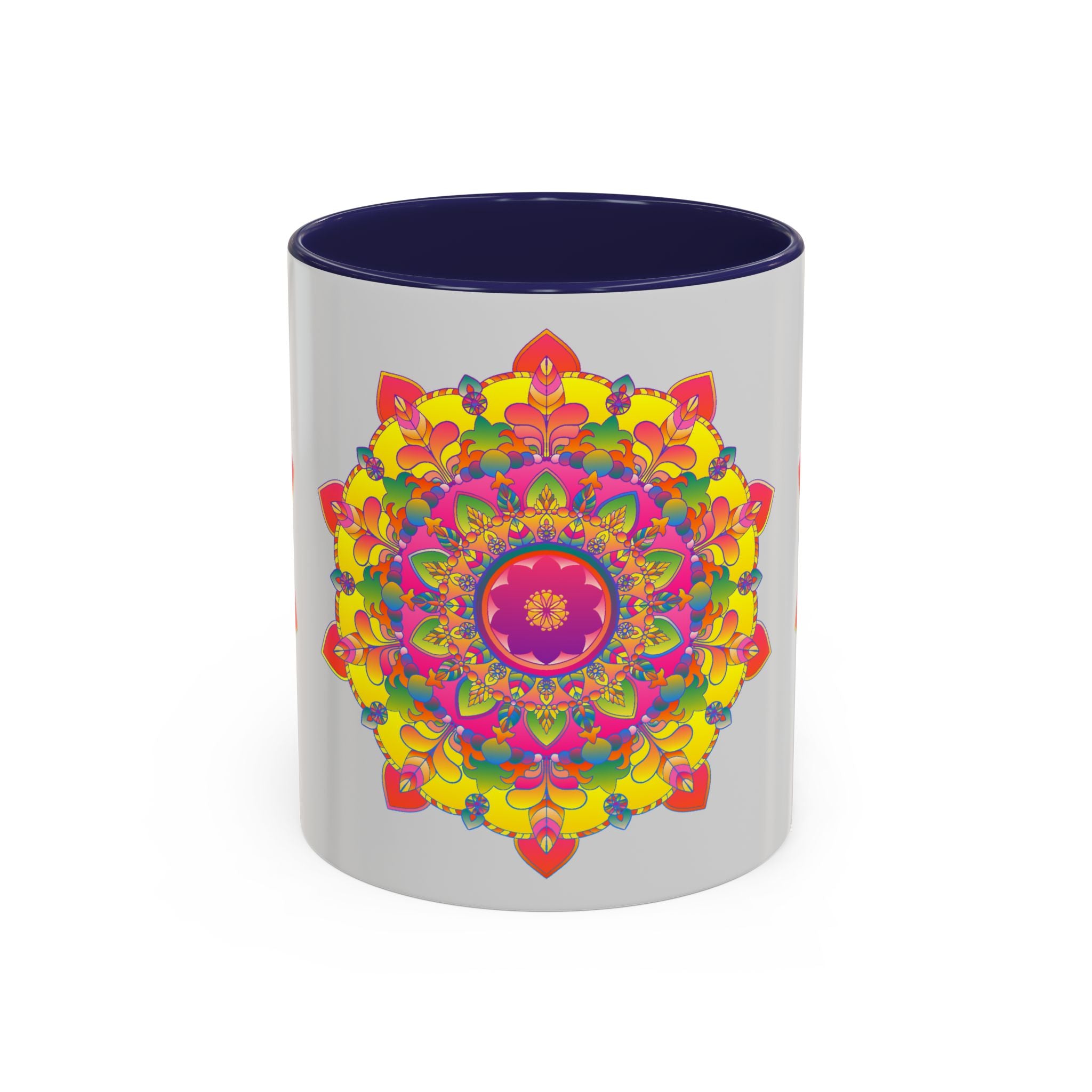 High-quality ceramic Mandala Mug - Vibrant Art on Grey featuring a unique and eye-catching mandala pattern