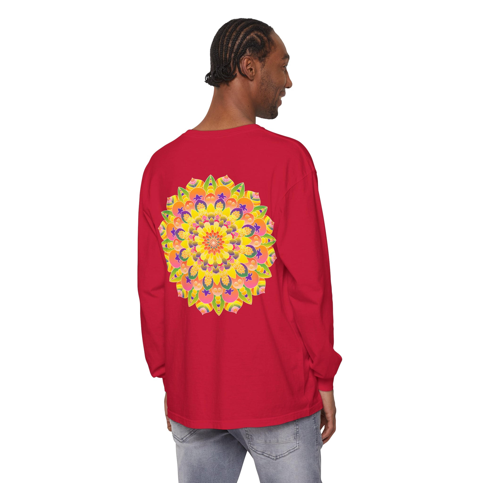 Beautiful unisex long sleeve t-shirt featuring a vibrant and intricate mandala pattern