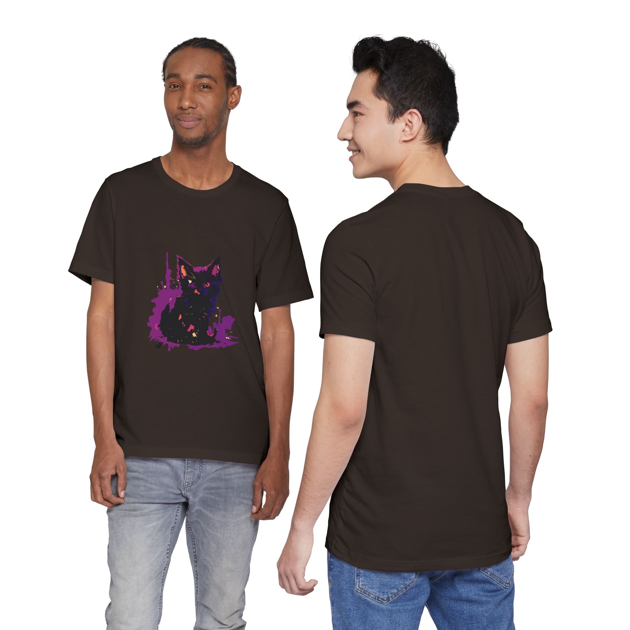 Schwarzes Katzenrätsel – Lila Farbspritzer-T-Shirt