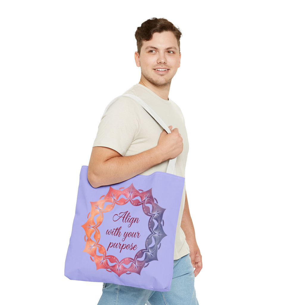 Colorful and vibrant Mandala Tote Bag in orange and purple shades, perfect for everyday use and adding a touch of purposeful style to your outfit