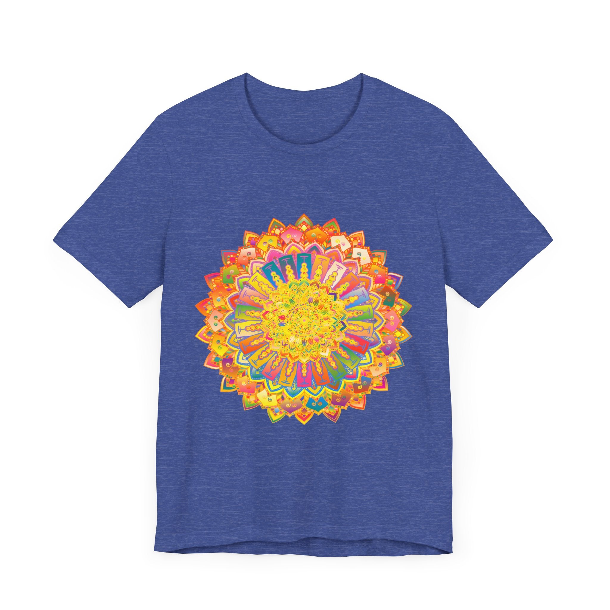 A close-up photo of a vibrant and intricately designed mandala tee, featuring colorful patterns and a peaceful, calming aesthetic