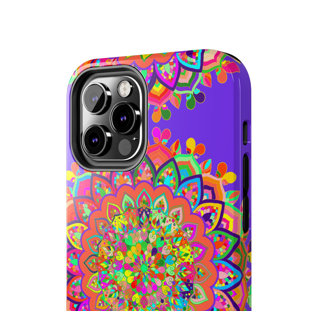 Vibrant and intricate hand-drawn purple mandala art phone case design