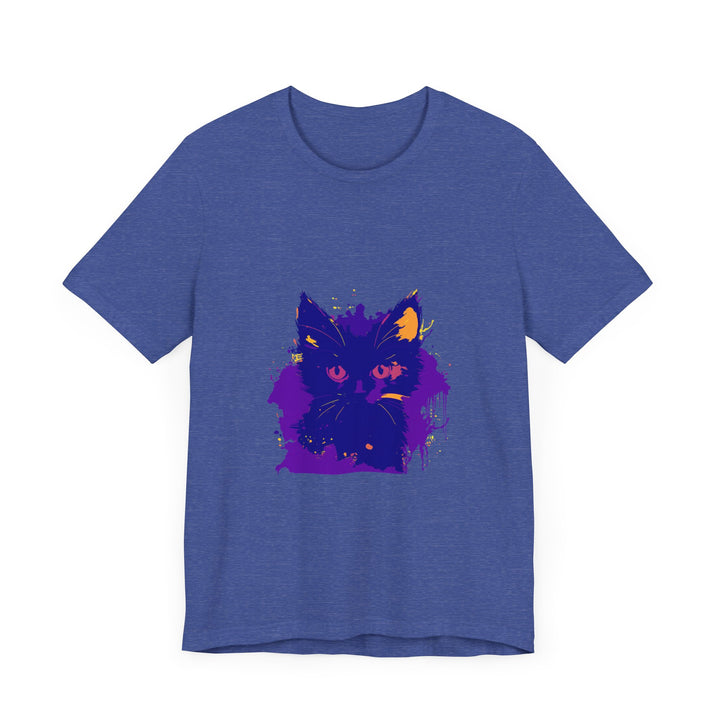 Whimsical blue and pink cat t-shirt featuring a playful feline design