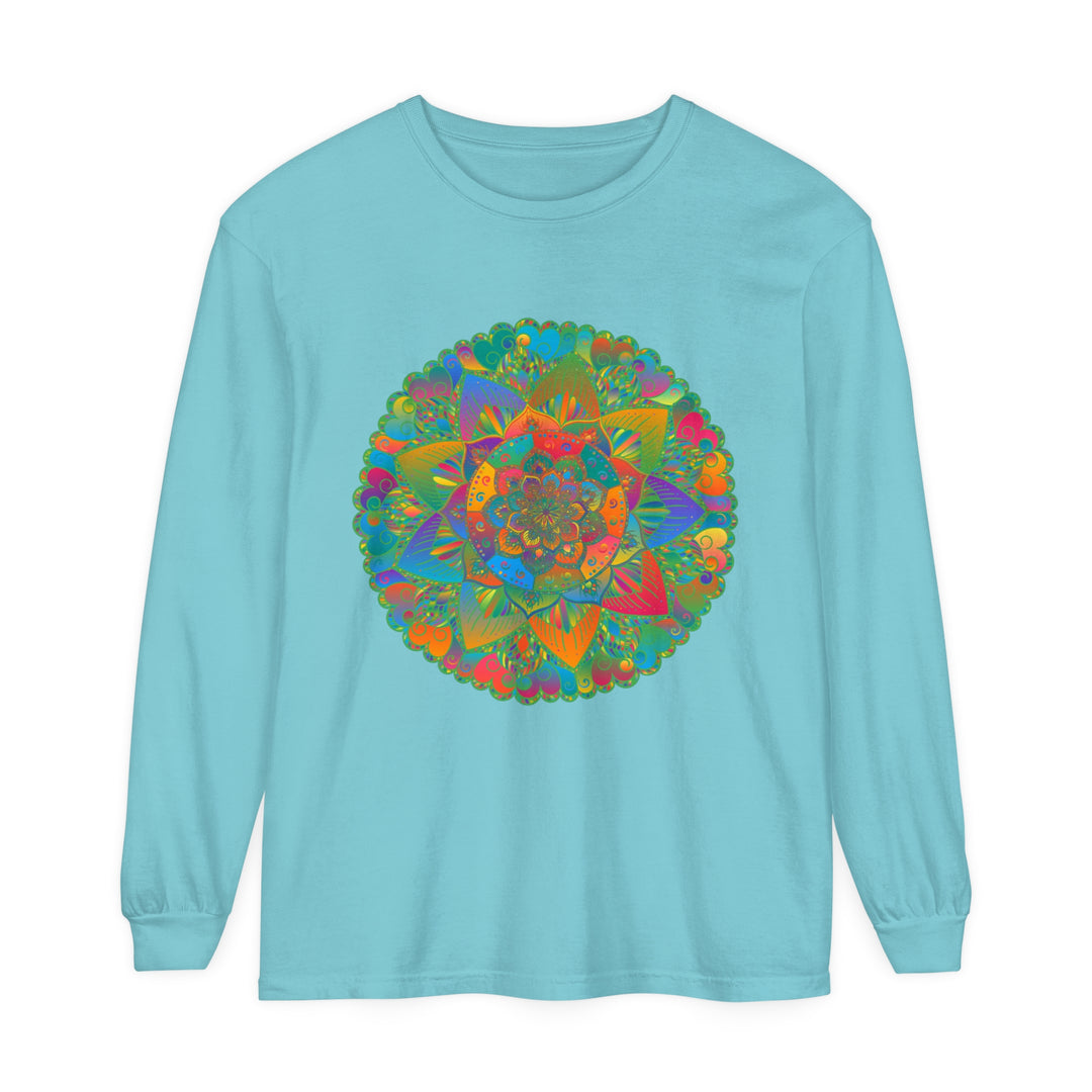 Colorful and intricate mandala design on a unisex long sleeve T-shirt