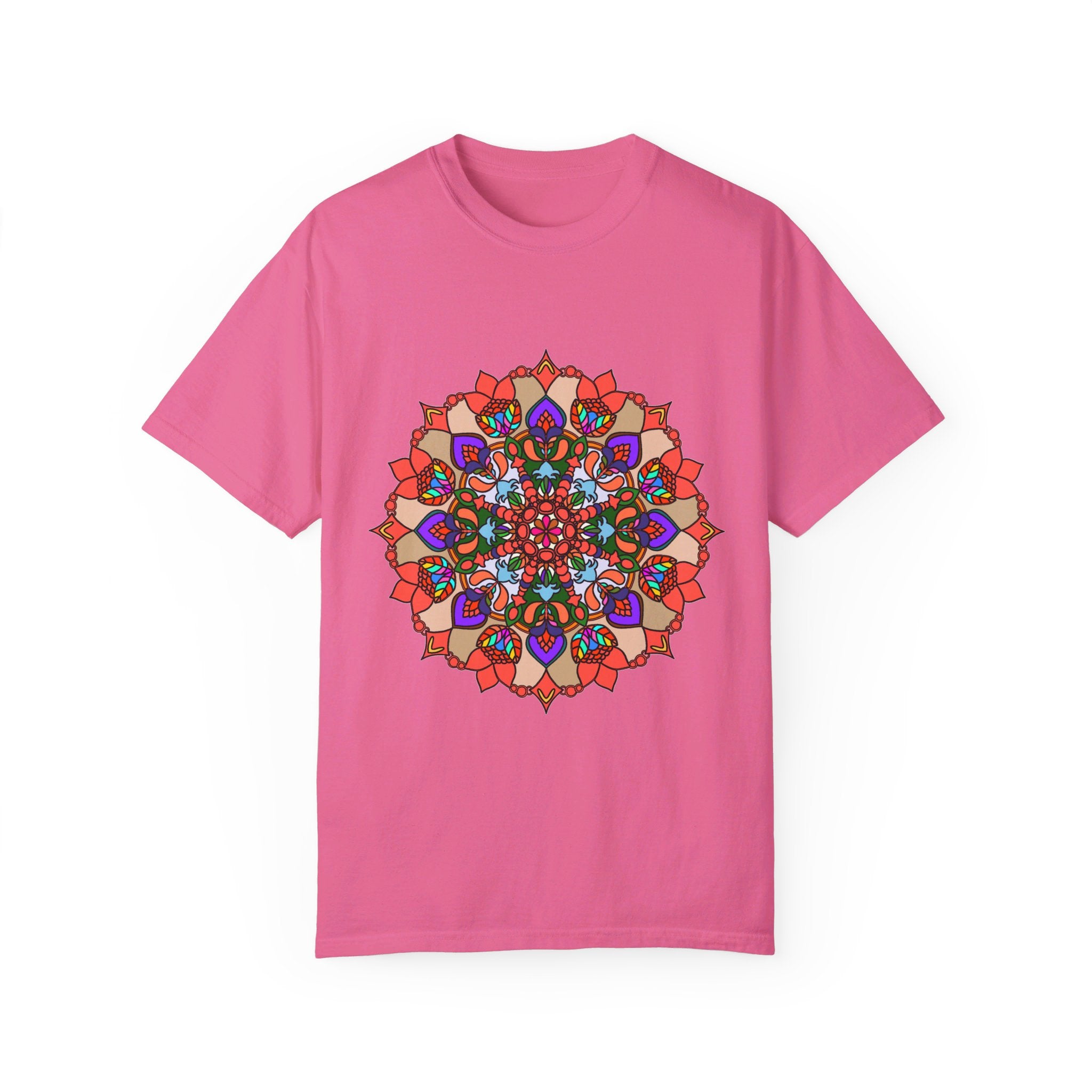 Unisex mandala t-shirt made from 100% ring-spun cotton, hand-drawn mandala art, and garment-dyed for extra comfort