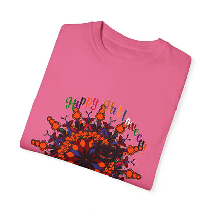 Unisex Halloween Mandala T-shirt featuring handmade pumpkin mandala art on a garment-dyed tee