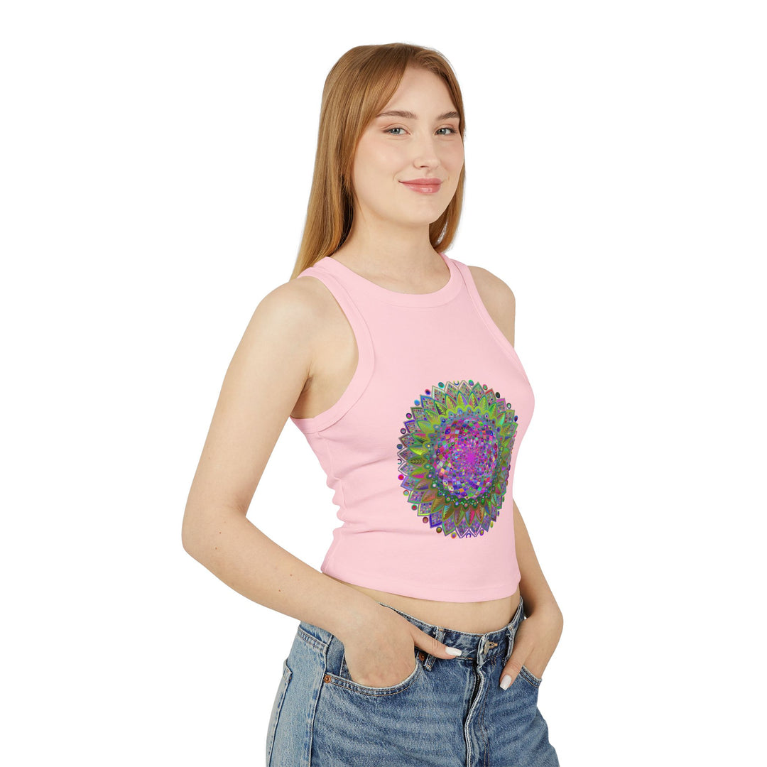 Vibrant Mandala Racerback Tank Top with intricate, colorful design and comfortable fit