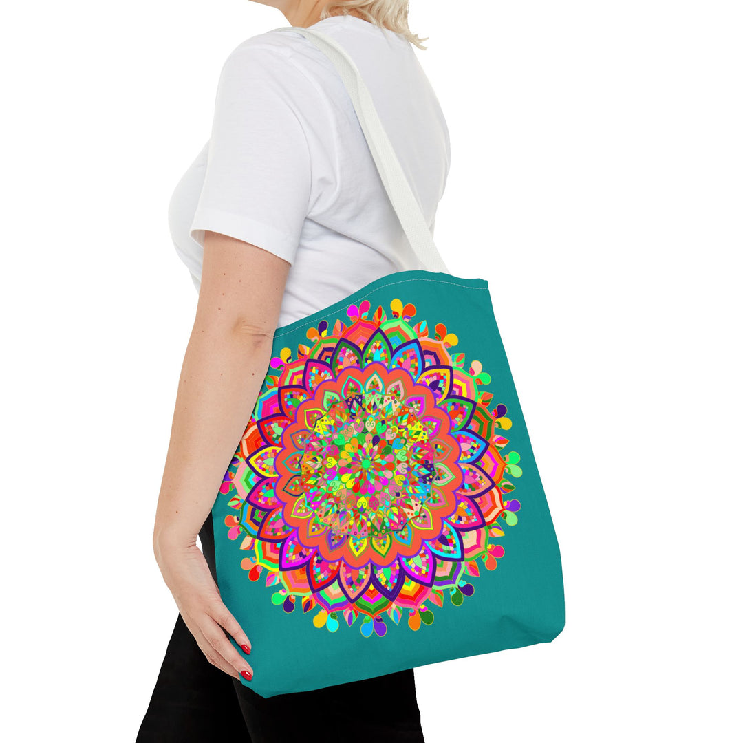 Colorful aquamarine mandala art tote bag, perfect for carrying your essentials in style