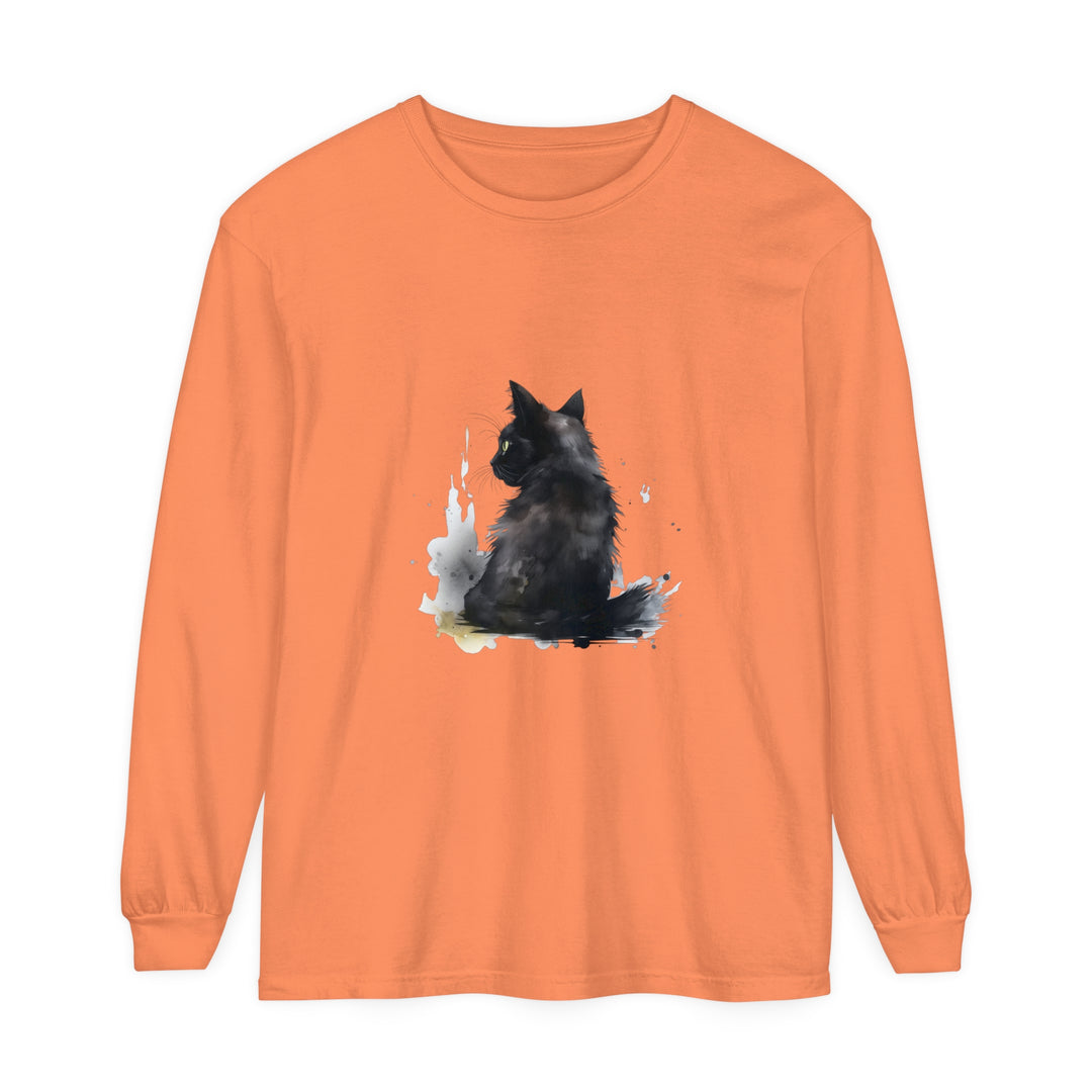 Long sleeve black t-shirt featuring a watercolor dreamy black cat design