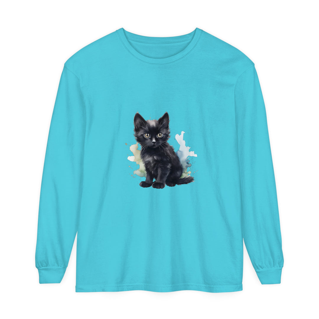 Black Kitten Watercolor Long Sleeve T-Shirt featuring a cute watercolor kitten design