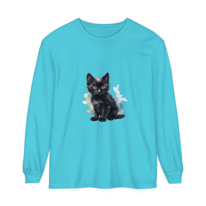 Black Kitten Watercolor Long Sleeve T-Shirt featuring a cute watercolor kitten design