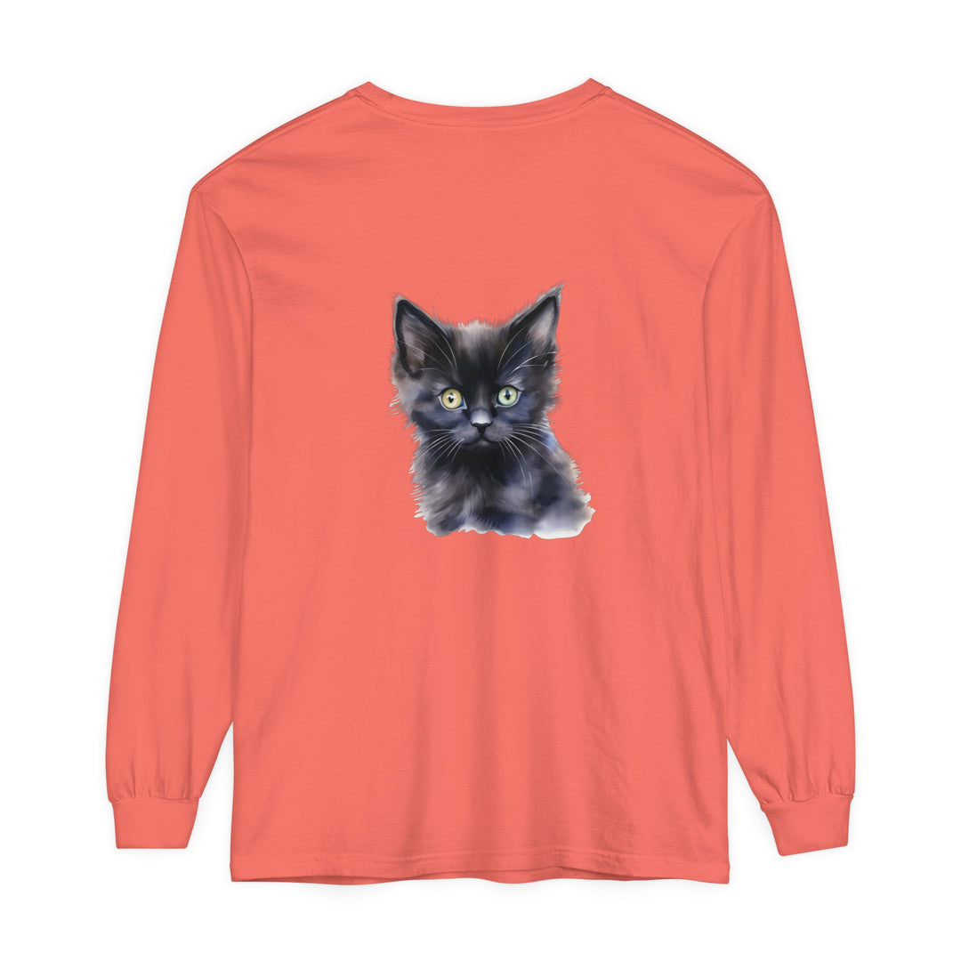 Black long sleeve unisex t-shirt with a mystical kitten design