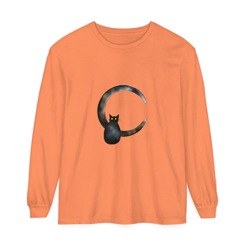 Black Cat Crescent Moon T-Shirt with a spooky feline design