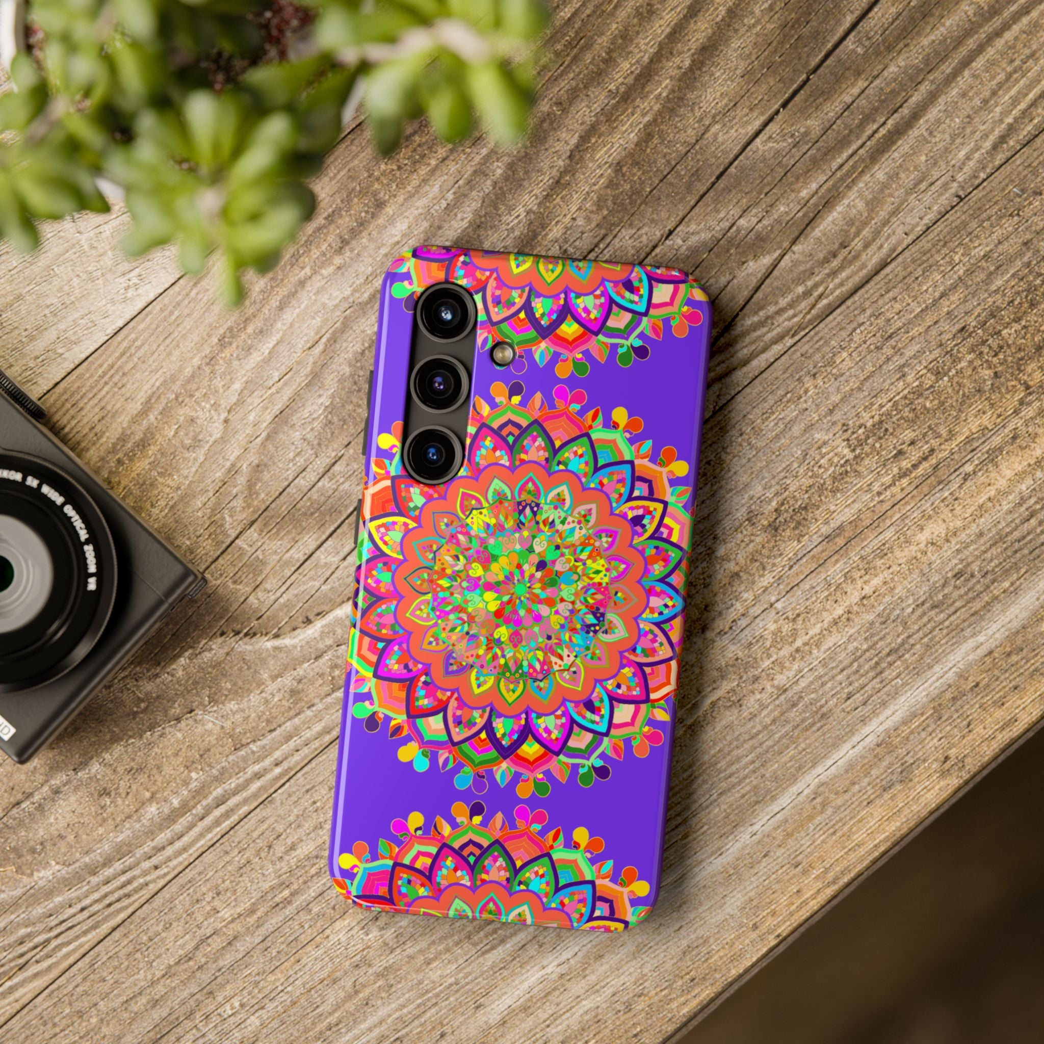 Hand drawn purple Mandala Art phone case with intricate floral design