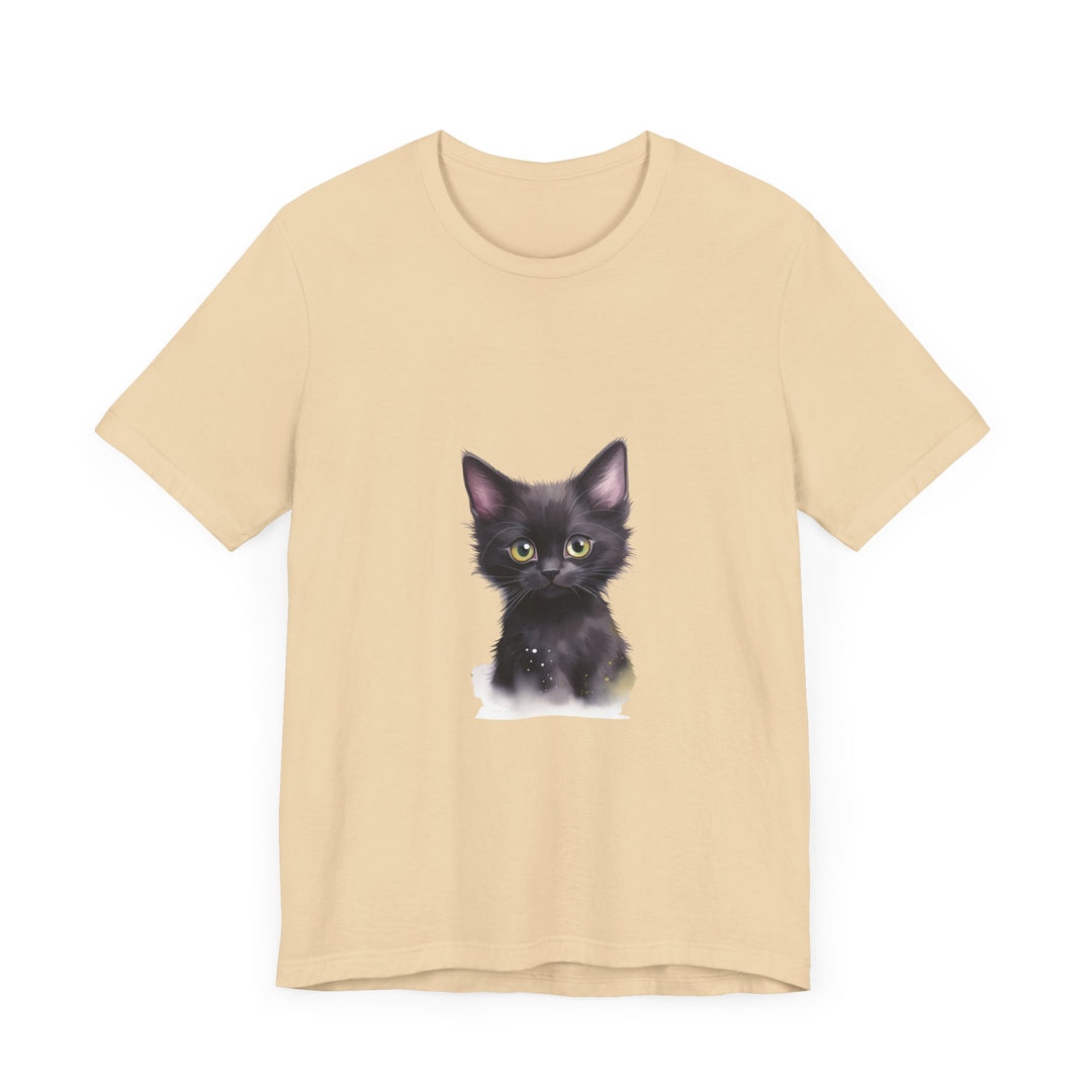 Black t-shirt with a mystical kitten design, featuring a striking black cat surrounded by enchanting elements on a dark background