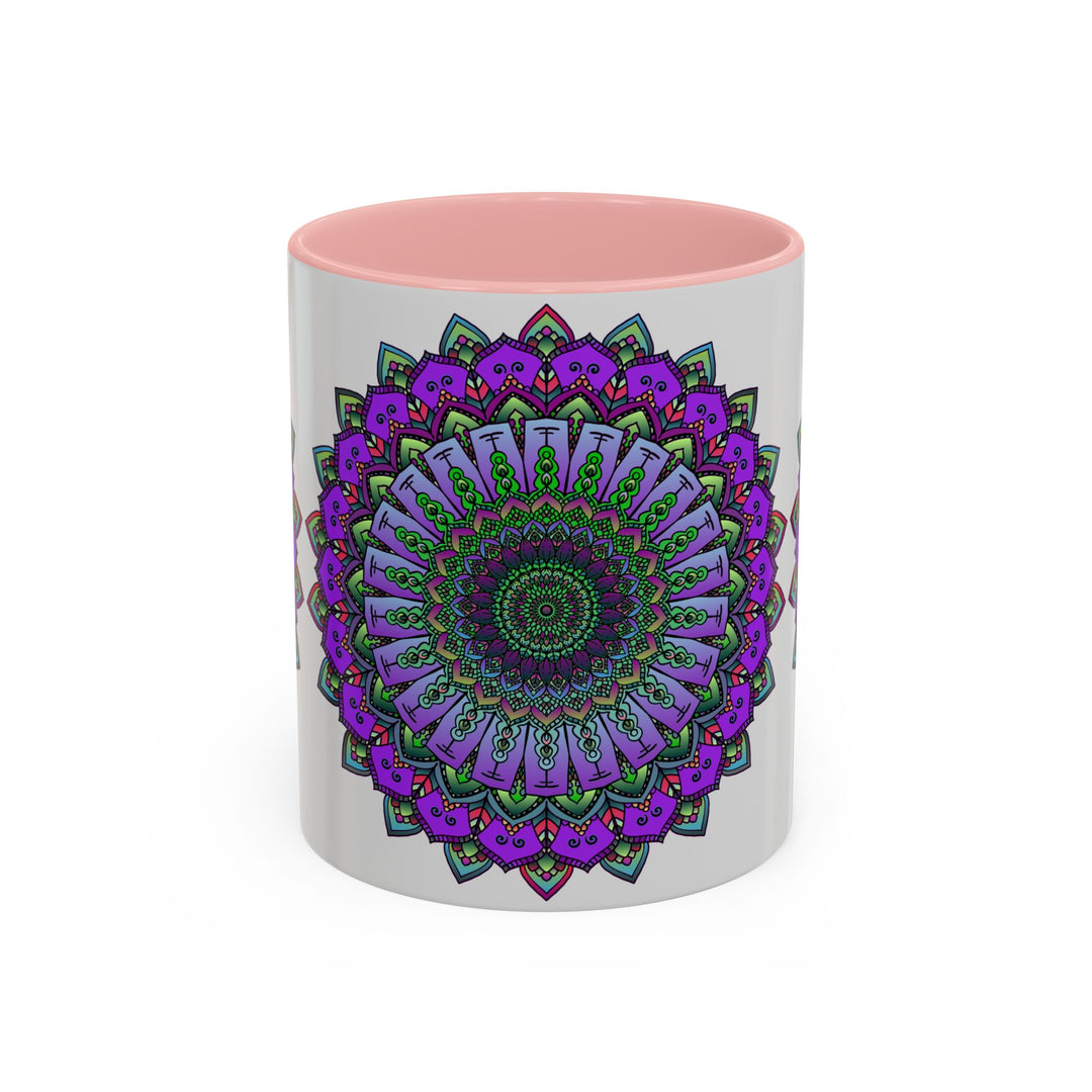 Colorful round mandala design ceramic mug with a spiritual and vibrant artistic pattern