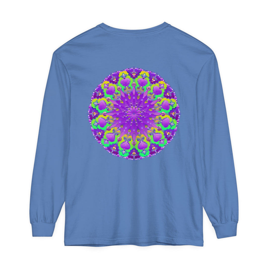 Colorful purple and green mandala design on a long sleeve t-shirt